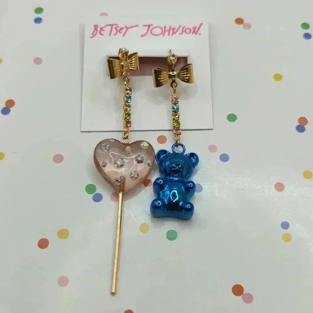 Betsey Johnson Asymmetrical Gummy Bear Heart Lollipop Earrings - New on Card - Picture 2 of 5